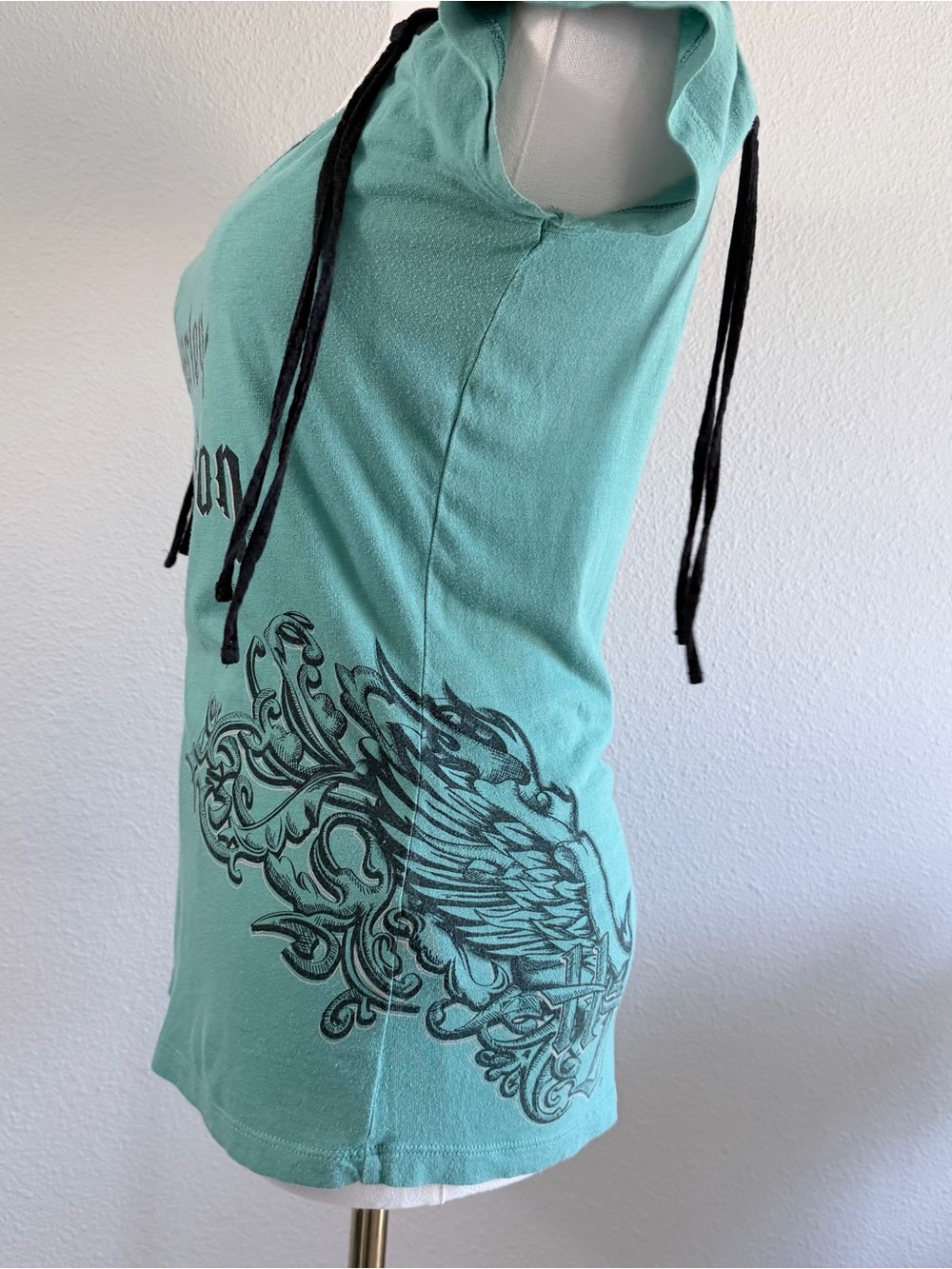 Harley-Davidson Teal Short-Sleeve Scoop Neck Top with Black Lace Trim - Picture 5 of 7